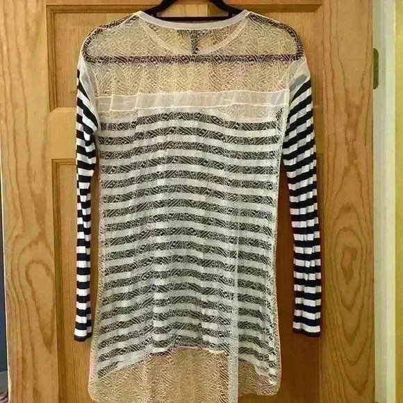 BCBGMaxazaria Navy and White Striped Long Sleeve with Lace accent - Picture 3 of 6